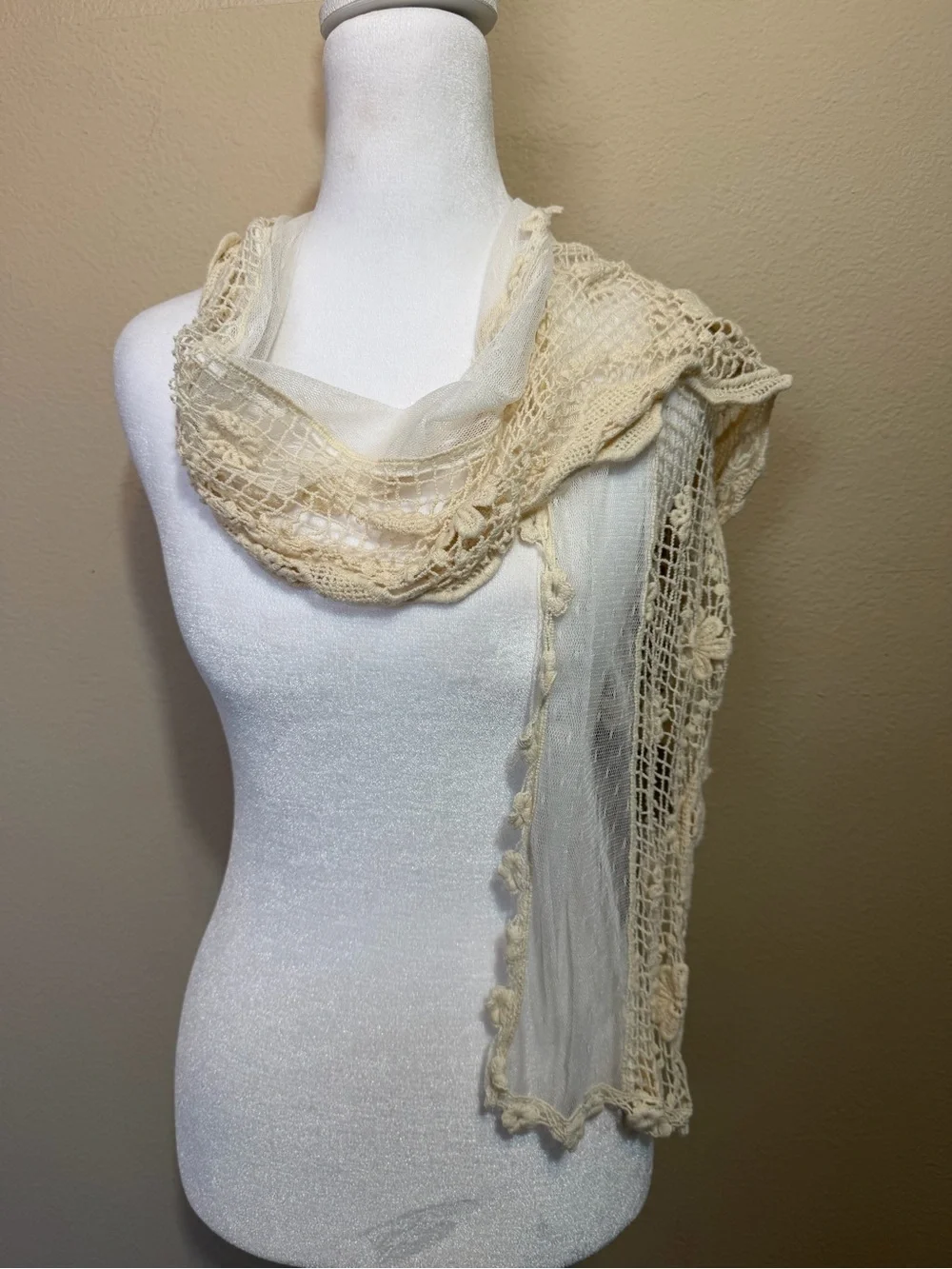 Boho Vintage Cream Crochet Floral Lace & Mesh Long Scarf This & That